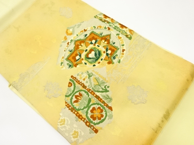 引箔草花に抽象模様織出し名古屋帯